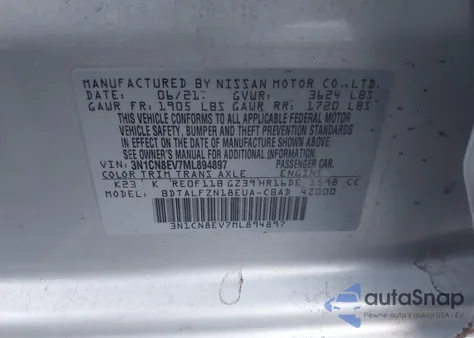 2021 Nissan Versa Sv Xtronic Cvt из США, поврежденный, VIN 3N1CN8EV7ML894897